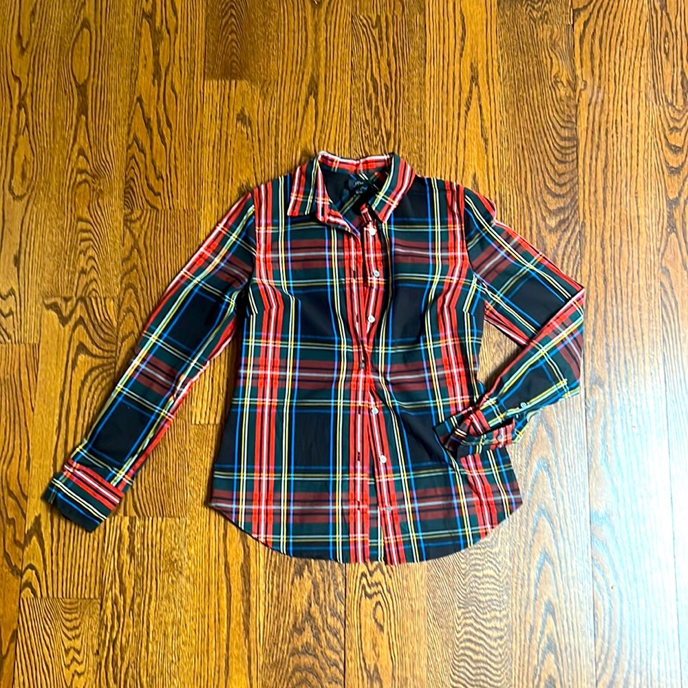 NWOT J. Crew Slim fit black Stewart tartan blouse